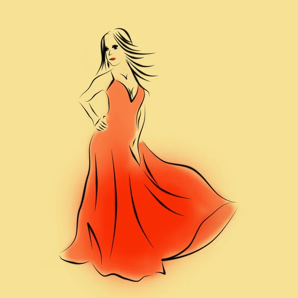  Hava yaz kırmızı uzun elbise poz kız. Bej renkli arka plan üzerinde bir kız siyah çizgiler silüeti.