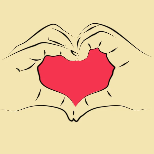 Kırmızı parmak kalbinde. Aşk bir işareti. Siluet satırları bej renkli arka plan üzerinde