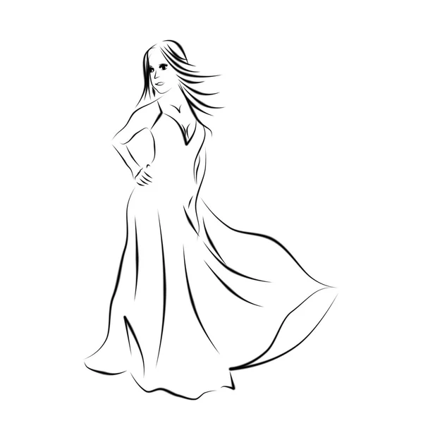 Girl posing in the air summer long dress. Silhouette of a girl black lines on a white background. — Stock Photo, Image