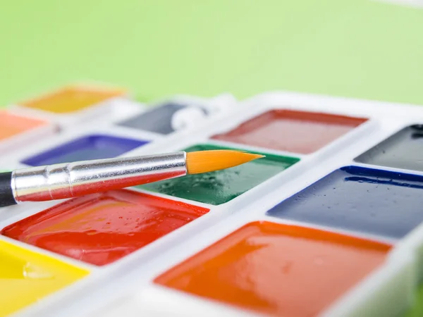Bir fırça ile sulu boya parlak renkler yeşil arka plan kapatın