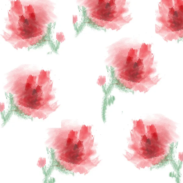 Abstrakte Aquarelle rosa Rosen auf weißem Hintergrund Kreise, Flecken, Flecken und Spritzer — Stockfoto