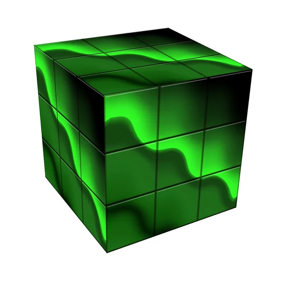Cubo de Rubik con patrón abstracto de línea verde y luz sobre un fondo blanco, representación 3d , —  Fotos de Stock
