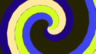 Siyah arkaplanda dönen mavi, yeşil ve sarı renkli canlı spiral tasarım