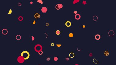 Koyu mavi arka planda çeşitli renklerde canlı soyut şekiller dinamik ve oyuncu bir görsel efekt yaratır..