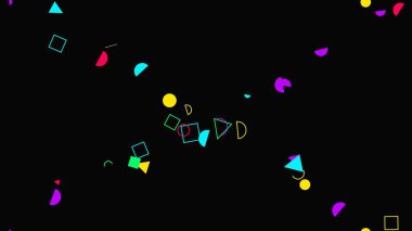 Canlı geometrik şekiller ve konfeti koyu bir arka plana saçılmış.