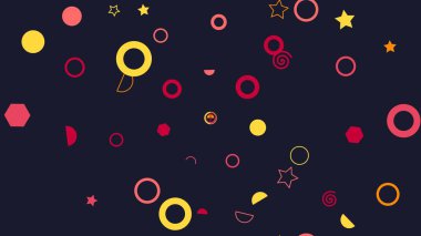 Canlı geometrik şekiller ve yıldızlar koyu mavi arkaplana dağılmış.