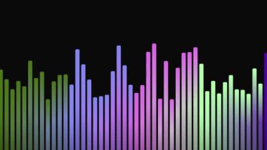 Siyah bir arkaplanda renkli ses dalgası çubukları, büyüleyici bir görsel etki yaratır..