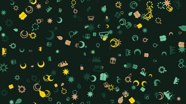 Koyu yeşil arka planda çeşitli astroloji sembolleri sarı, mavi ve turuncu.