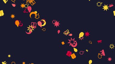 Canlı konfeti ve şekiller koyu mavi bir zemine dağılmış, neşeli bir atmosfer yaratıyor..