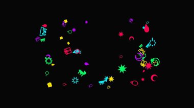 Karanlık bir arkaplan karşısında canlı neon şekiller ve ışıklar