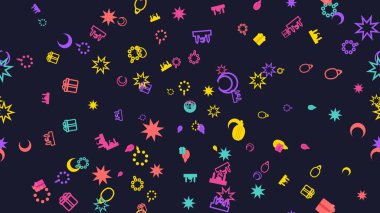 Karanlık bir arkaplana dağılmış canlı simgeler ve sembollerden oluşan bir koleksiyon, görsel olarak çekici bir desen oluşturur..