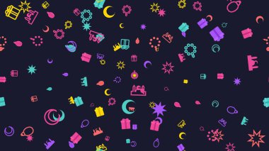 Karanlık bir arkaplana dağılmış canlı simgeler ve sembollerden oluşan bir koleksiyon, görsel olarak çekici bir desen oluşturur..