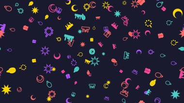 Koyu mavi arkaplana dağılmış canlı şekiller ve semboller, neşeli ve tuhaf bir görsel etki yaratıyor..