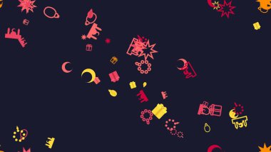 Koyu mavi arkaplanda parlak şekilleri ve sembolleri olan soyut tasarım görsel olarak çekici bir model oluşturur.