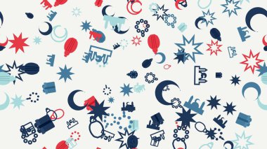 Beyaz arkaplanda çeşitli renkli uzay temalı simgeler ve semboller