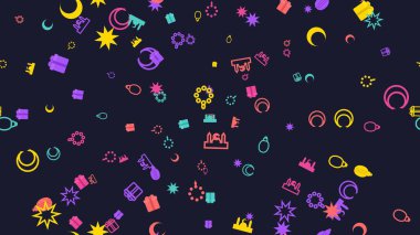 Koyu mavi arkaplana dağılmış canlı uzay temalı simgeler, neşeli ve göksel bir görsel etki yaratıyor.