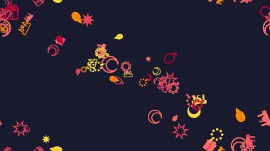 Koyu mavi arkaplana dağılmış renkli çiçek desenleri görsel olarak çekici bir tasarım yaratıyor..