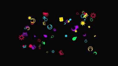 Karanlık bir arkaplana dağılmış renkli neon şekiller ve semboller büyüleyici bir görüntü yaratıyor.