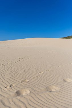 Blue skies and sunshine, along with a light breeze, allow the sand of a dune to create stunning patterns. Landscape shot with waves and patterns on the sand at Duna de Valdevaqueros, Tarifa, Andalusia, Spain