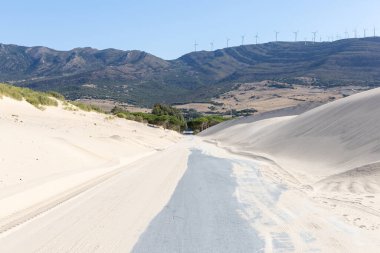 A road winds through a sand dune and is slowly swallowed up by the sand. Landscape shot in the morning at Duna De Valdevaqueros, Tarifa, Andalusia, Spain