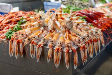 Pazarda balık satan bir tezgah. Çok güzel sunulmuş ve buzda. Mercado Central de Abastos de Cdiz, Atlantik, İspanya 'da balık alıcıları