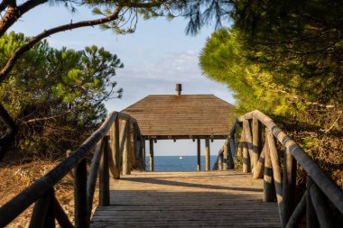 Tahta bir yürüyüş yolu deniz kenarındaki bir kulübeye gider. Atlantik Okyanusu manzarası Pinar De La Almedraba doğa rezervi, Pinares De Rota, Rota, Cdiz, Endülüs, İspanya.
