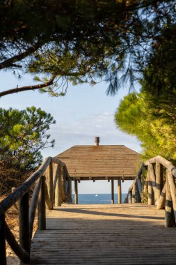 Tahta bir yürüyüş yolu deniz kenarındaki bir kulübeye gider. Atlantik Okyanusu manzarası Pinar De La Almedraba doğa rezervi, Pinares De Rota, Rota, Cdiz, Endülüs, İspanya.