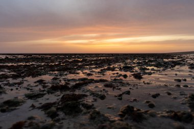 Sahilde nefes kesici bir gün batımı. Los Corrales de Rota, Costa de la Lutz, Crdoba, Endülüs, İspanya.