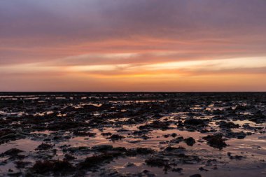 Sahilde nefes kesici bir gün batımı. Los Corrales de Rota, Costa de la Lutz, Crdoba, Endülüs, İspanya.