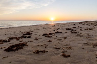 Sahilde nefes kesici bir gün batımı. Ufuktaki denizin üzerinde batan güneşin kumsalını seyret. Atlantik kıyısında Rota, Costa de la Lutz, Cdiz, Endülüs, İspanya yakınlarındaki manzara görüntüleri.