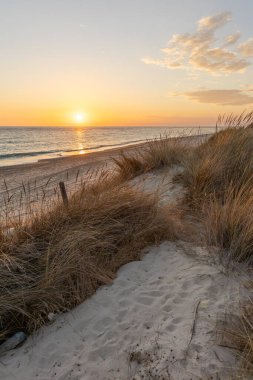 Sahilde nefes kesici bir gün batımı. Sahile, denize, Rota 'daki ufka, Costa de la Lutz' a, Cdiz 'e, Endülüs' e bakan doğa rezervlerine bakın..