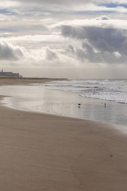 Güzel, güzel, geniş kumlu bir sahil, Atlantik kıyısında ıssız. Sabahın erken saatlerinde Rota, Playa de la Costilla, Costa de la Luz, Cdiz, Endülüs, İspanya.