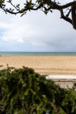 Güzel, güzel, geniş kumlu bir sahil, Atlantik kıyısında ıssız. Sabahın erken saatlerinde Rota, Playa de la Costilla, Costa de la Luz, Cdiz, Endülüs, İspanya.