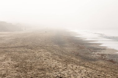 Güzel, güzel, geniş kumlu bir sahil, Atlantik kıyısında ıssız. Sabahın erken saatlerinde Rota, Playa de la Costilla, Costa de la Luz, Cdiz, Endülüs, İspanya.