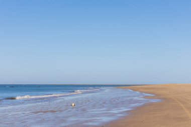 Güzel, güzel, geniş kumlu bir sahil, Atlantik kıyısında ıssız. Sabahın erken saatlerinde Rota, Playa de la Costilla, Costa de la Luz, Cdiz, Endülüs, İspanya.