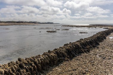 Sahile bakan uzun duvarlarla çevrili antik kumtaşı havuzları olan büyüleyici bir doğal anıt. Los Corrales de Rota, Cdiz, Endülüs, İspanya