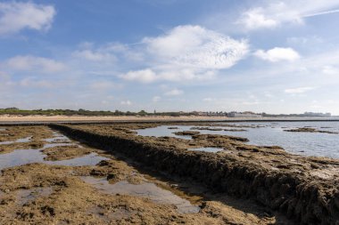 Sahile bakan uzun duvarlarla çevrili antik kumtaşı havuzları olan büyüleyici bir doğal anıt. Los Corrales de Rota, Cdiz, Endülüs, İspanya