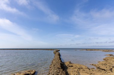 Deniz hayvanlarının sular çekildiğinde yıkandığı uzun duvarlarla inşa edilmiş antik kumtaşı havuzları olan büyüleyici bir doğal anıt. Los Corrales de Rota, Cadiz, Endülüs, İspanya