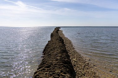 Deniz hayvanlarının sular çekildiğinde yıkandığı uzun duvarlarla inşa edilmiş antik kumtaşı havuzları olan büyüleyici bir doğal anıt. Los Corrales de Rota, Cadiz, Endülüs, İspanya
