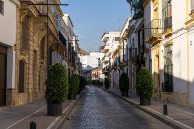 Sabah eski binalarla eski caddeleri seyredeceğiz. Tarihi eski kentte güzel bir ışık, Jerez de la Frontera, Cdiz ili, Endülüs, İspanya.