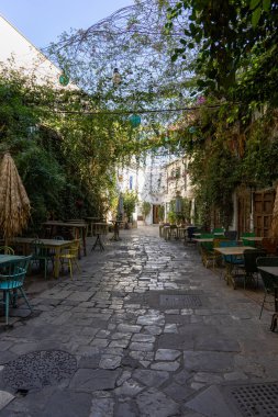 Bir sürü yeşil bitkinin olduğu küçük bir ara sokak. Renkli masalar, sandalyeler ve bir restoranın dekorasyonları. Eski tarihi kasaba, Jerez de la Frontera, Cdiz ili, Endülüs, İspanya.