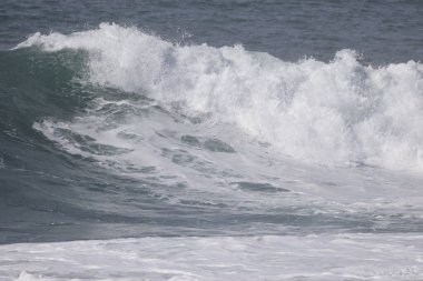 Büyük bir Atlantik dalgası Tazacorte sahiline çarpıyor. Beyaz köpük ve spreyle kırılan turkuaz suyun yakın çekimi denizin evcilleştirilmemiş gücünü gösteriyor. La Palma, Kanarya Adaları, İspanya