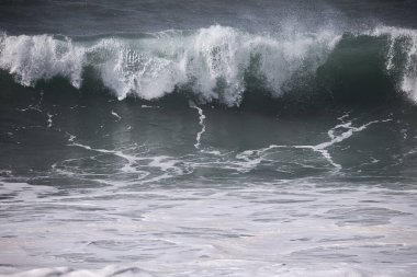 Büyük bir Atlantik dalgası Tazacorte sahiline çarpıyor. Beyaz köpük ve spreyle kırılan turkuaz suyun yakın çekimi denizin evcilleştirilmemiş gücünü gösteriyor. La Palma, Kanarya Adaları, İspanya