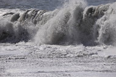 Büyük bir Atlantik dalgası Tazacorte sahiline çarpıyor. Beyaz köpük ve spreyle kırılan turkuaz suyun yakın çekimi denizin evcilleştirilmemiş gücünü gösteriyor. La Palma, Kanarya Adaları, İspanya