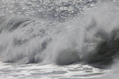 Büyük bir Atlantik dalgası Tazacorte sahiline çarpıyor. Beyaz köpük ve spreyle kırılan turkuaz suyun yakın çekimi denizin evcilleştirilmemiş gücünü gösteriyor. La Palma, Kanarya Adaları, İspanya