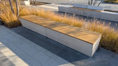 Concrete Bench With Wooden Seat, Ornamental Grasses Glowing In Warm Light, Clean Geometry, Textured Paving And Soft Shadow
