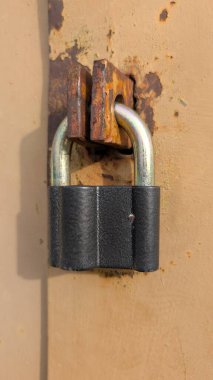 Bej kapıya dikey asma kilit vurgulanıyor cilalanmış çelik pranga mat siyah vücut ve paslanmış hasp kabuğu ince boya