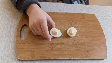Tahta tahtada el ele tutuşan bıldırcın yumurtası, haşlanmış yumurta sarısı ve parmak izlerinin yakın çekimi, sıcak doğal kesim.