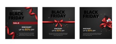 Kara Cuma indirimi için dizayn şablonları, promosyon, reklam, veya kırmızı kurdeleli sosyal medya reklamı, hediye kutusu, yıldızlar ve indirim teklifi..