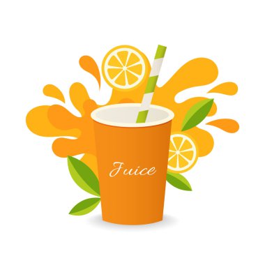 Meyve suyu bardağının düz vektör çizimi, yapraklı portakal suyu sıçraması ve meyve suyu sıçraması.